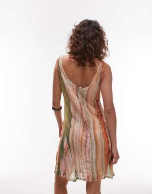 Topshop crinkle mesh print v neck flippy mini dress in multi