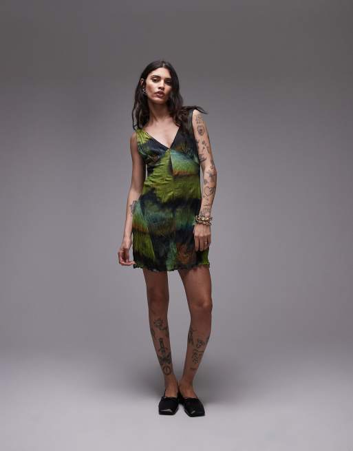 Topshop crinkle mesh v-neck flippy mini dress in multi