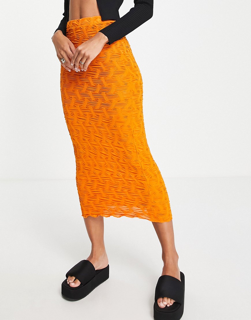 Topshop crinkle midi skirt in orange