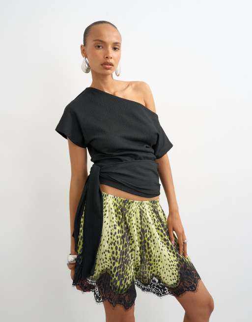 Topshop crinkle off shoulder tie front top in black, 2 of 4