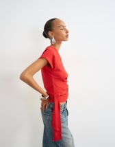 Topshop crinkle off shoulder tie front top in red