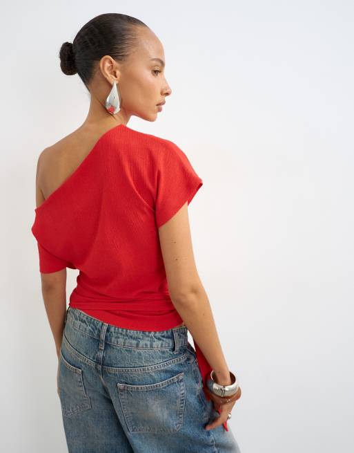 Topshop crinkle off shoulder tie front top in red, 3 of 4