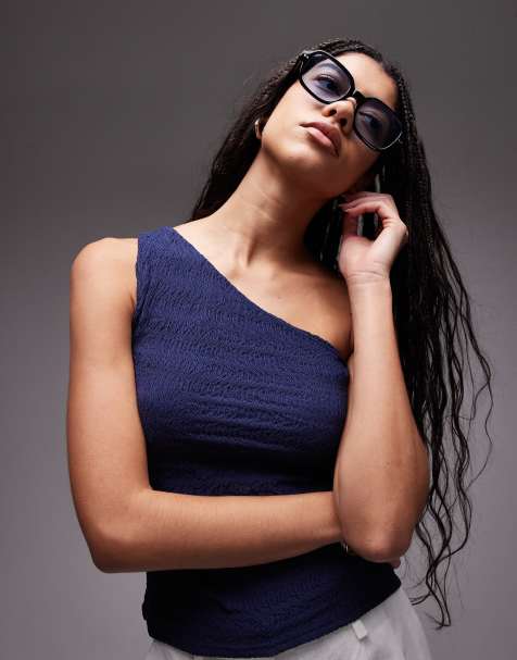 Topshop crinkle one shoulder top in navy - view 1