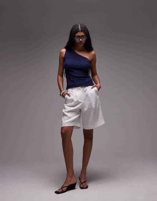 Topshop crinkle one shoulder top in navy | ASOS
