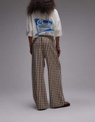 Topshop crinkle plaid pull on pants in neutral - part of a set