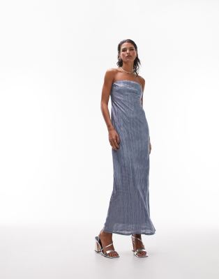 topshop crinkle plisse bandeau maxi dress in blue