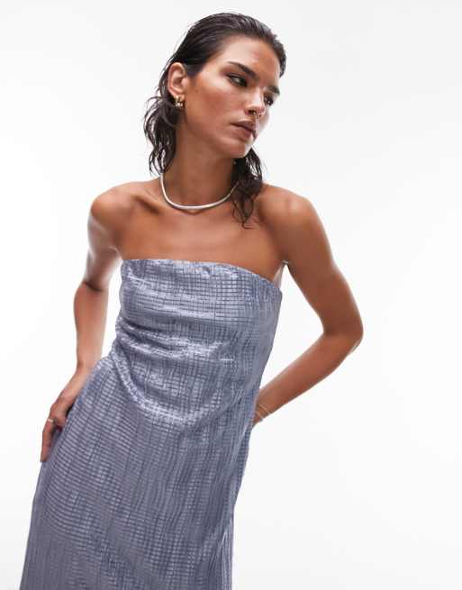 Topshop Bandeau Metallic Midi Dress in Silver