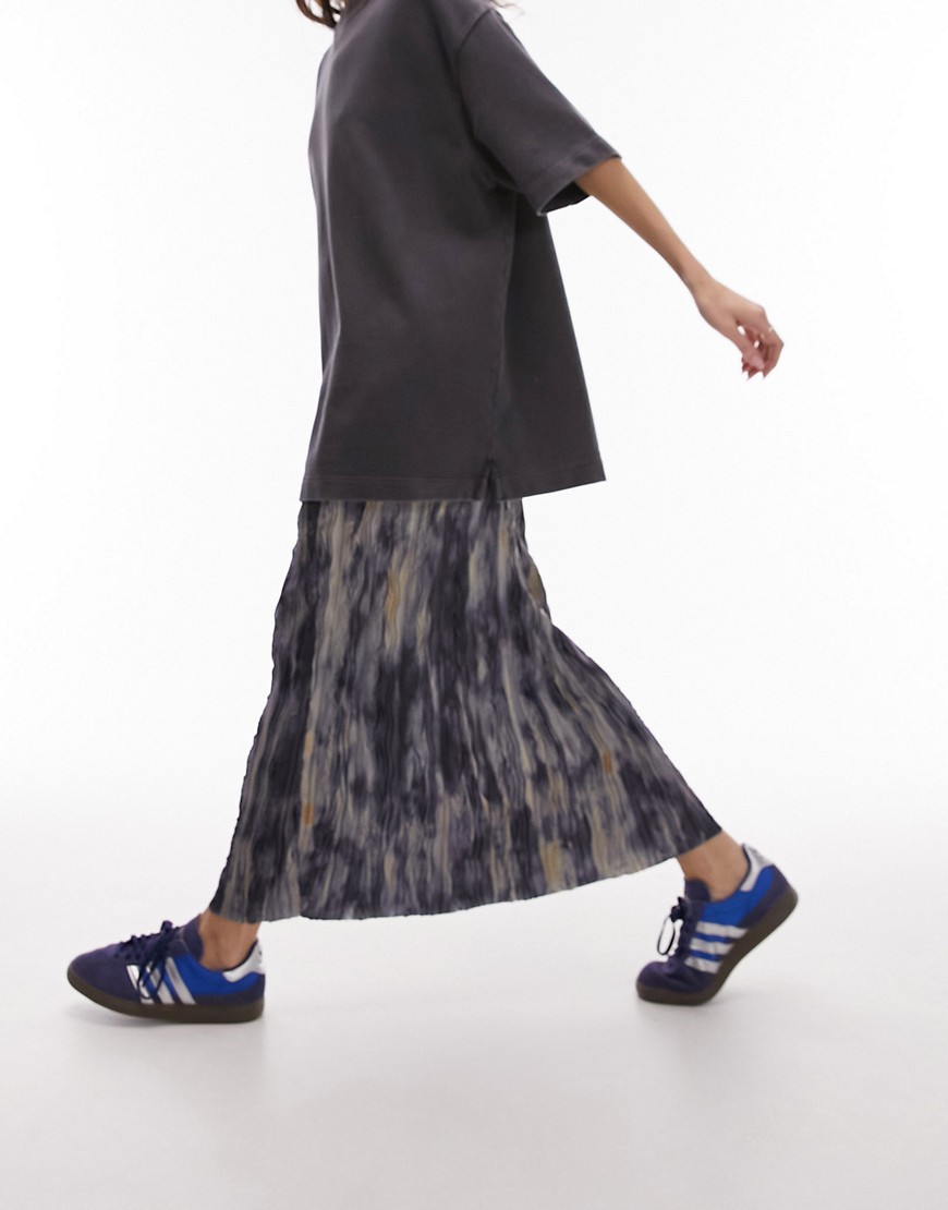 Topshop Crinkle Plisse Midi Skirt In Acid Wash Blue