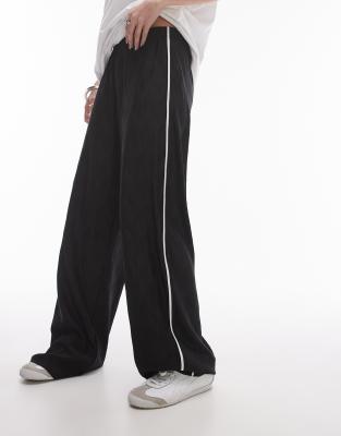 Topshop crinkle plisse side stripe trouser in mono-Black