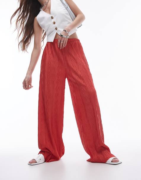 Topshop crinkle plisse trouser in red - view 1