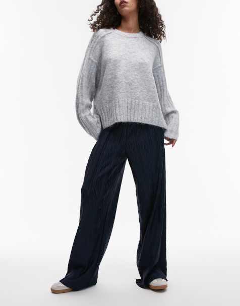 Topshop crinkle plisse wide leg pants in navy - view 1