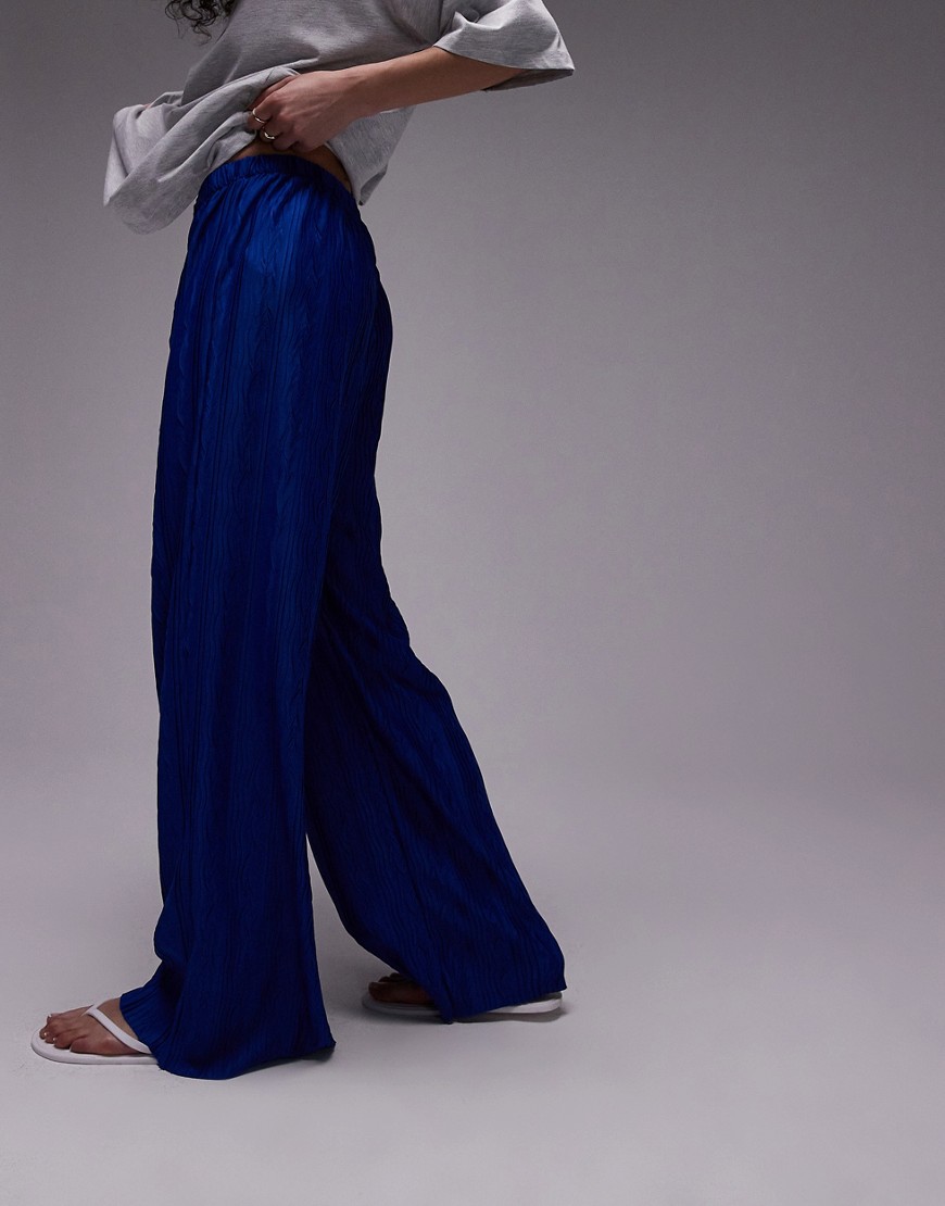 Topshop crinkle plisse wide leg trouser in cobalt-Blue