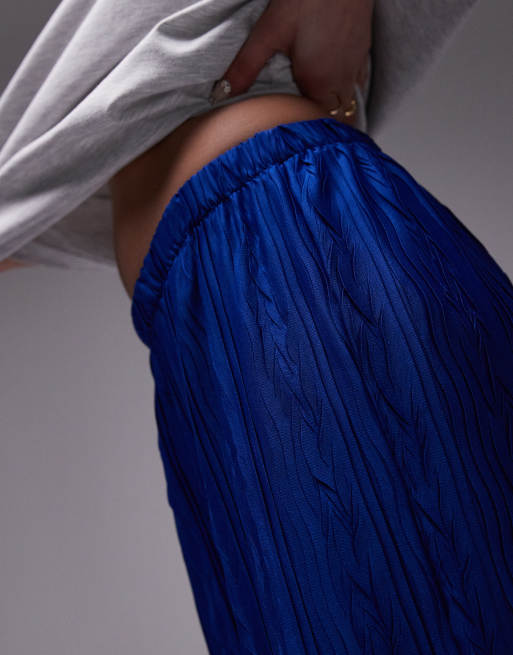 Topshop crinkle plisse wide leg trouser in cobalt, 2 of 5