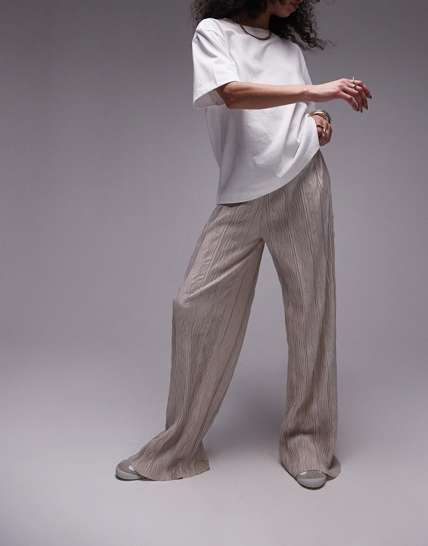 Topshop crinkle plisse wide leg trouser in stone-Neutral