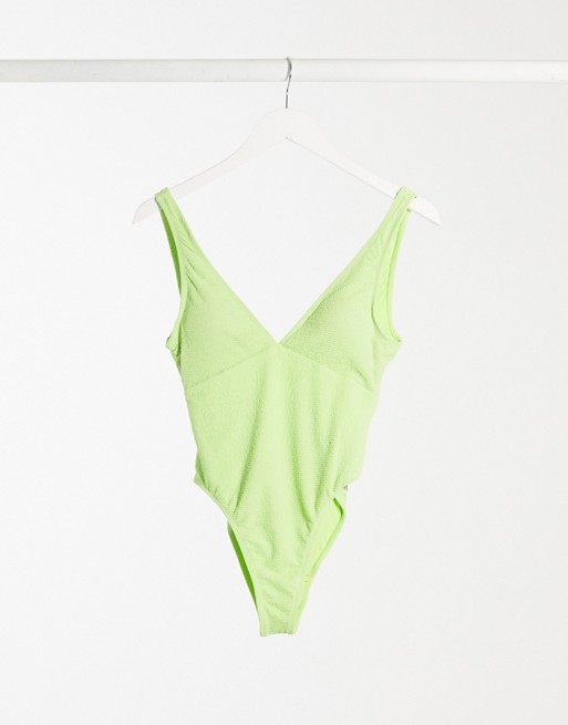 Topshop crinkle plunge one piece in bright green