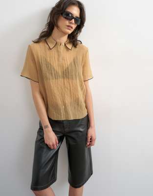 Topshop Crinkle Polo Shirt With Black Tipping In Brown