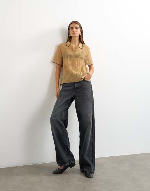 Topshop crinkle polo shirt with black tipping in mocha, 2 of 4