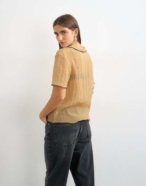 Topshop crinkle polo shirt with black tipping in mocha, 4 of 4