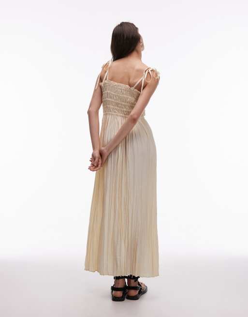 Topshop crinkle ruched bust midi dress in natural, 3 of 4