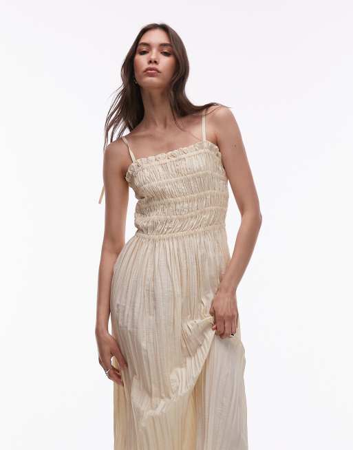 Topshop Shirred Bodice Midi Dress in Beige at Nordstrom, Size 6 US