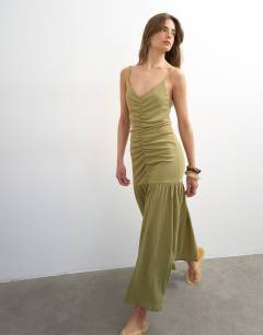 Crinkle ruched front maxi cami dress in olive