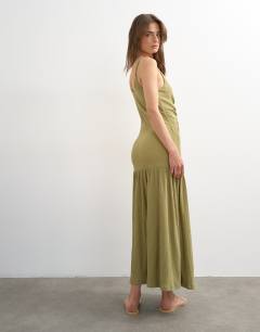 Model wearing Crinkle ruched front maxi cami dress in olive