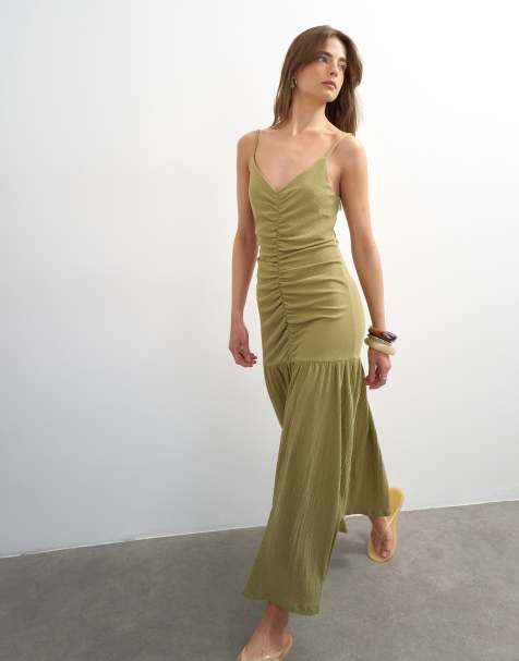 Topshop crinkle ruched front midaxi cami dress in olive - view 1