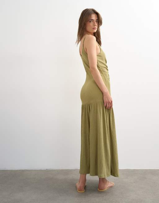 Topshop crinkle ruched front midaxi cami dress in olive, 4 of 4