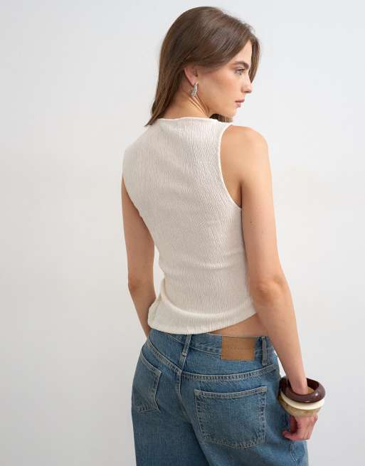 Topshop crinkle ruched side cut out sleeveless top in stone, 2 of 4