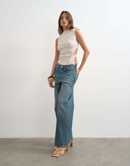 Topshop crinkle ruched side cut out sleeveless top in stone, 4 of 4