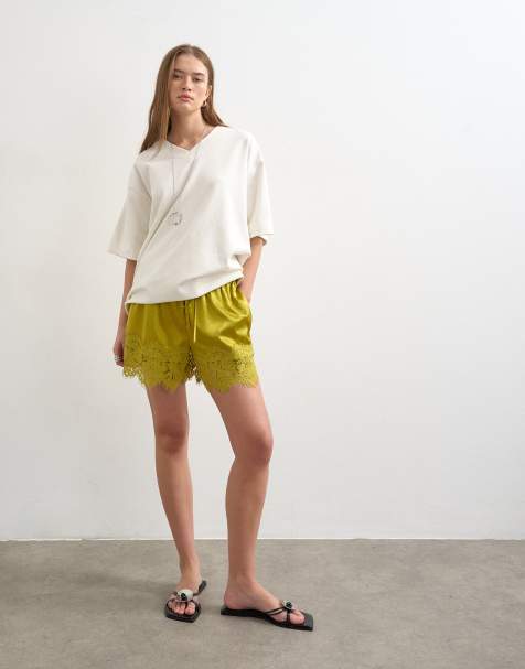Topshop crinkle satin a-line mini short with lace trim in chartreuse - view 1
