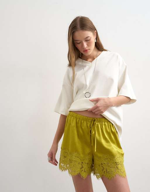 Topshop crinkle satin a-line mini short with lace trim in chartreuse , 2 of 5