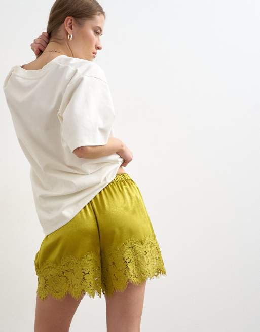 Topshop crinkle satin a-line mini short with lace trim in chartreuse , 5 of 5