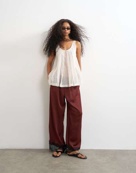 Topshop crinkle satin lace insert trouser in burgundy - view 1