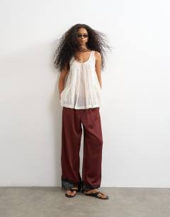 Crinkle satin lace insert trouser in burgundy