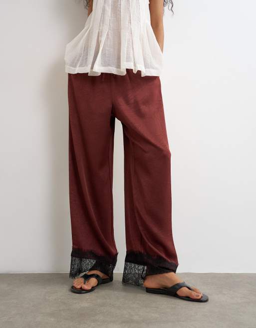 Topshop crinkle satin lace insert trouser in burgundy, 5 of 5