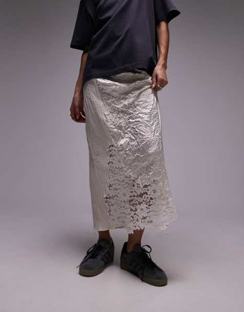 Topshop crinkle satin lace patchwork midi skirt in ivory 