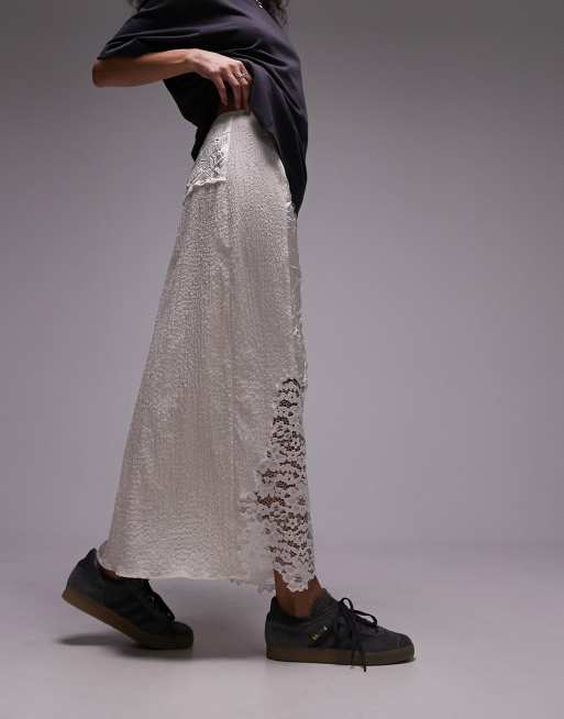 Topshop crinkle satin lace patchwork midi skirt in ivory | ASOS