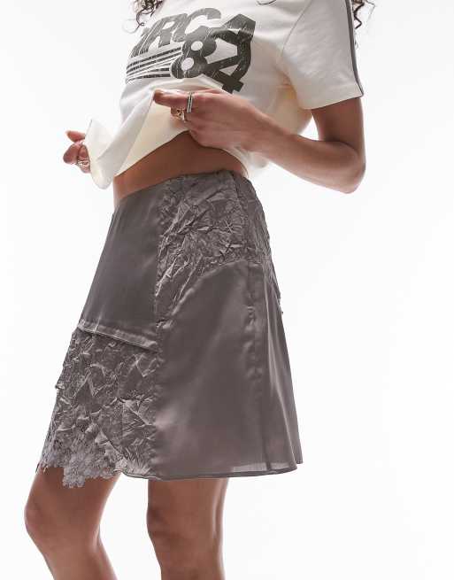 Topshop crinkle satin lace patchwork mini skirt in charcoal