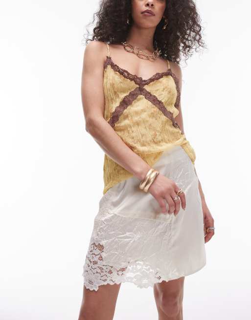 Topshop crinkle satin lace patchwork mini skirt in ivory | ASOS