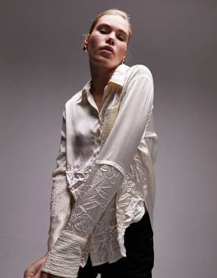 Topshop Crinkle Satin Lace Patchwork Shirt In Ivory-white