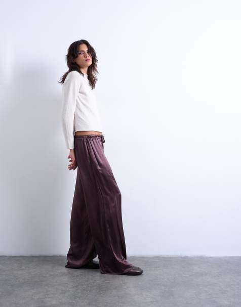 Topshop crinkle satin pants in burgundy - view 1