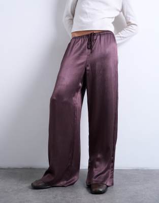 Topshop Crinkle Satin Pants In Brown