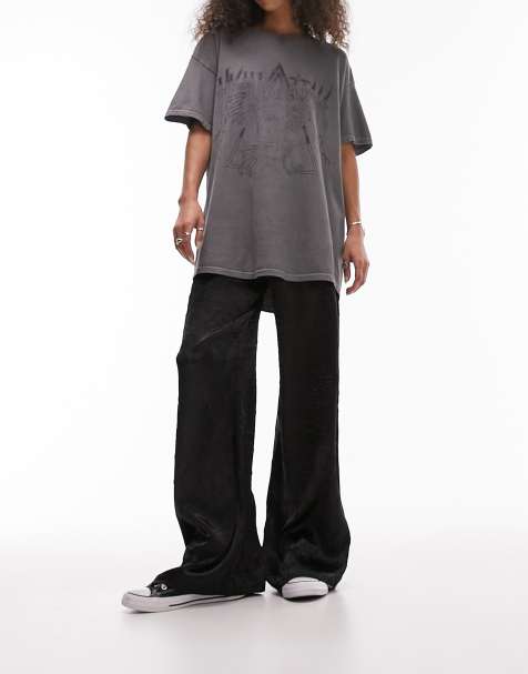 Topshop crinkle satin pull on wide leg in black - view 1