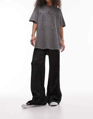 Topshop Crinkle Satin Pull On Wide Leg Pants In Black