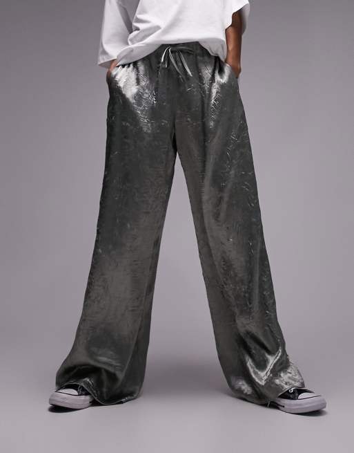 Topshop crinkle satin pull on wide leg pants in sage