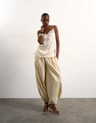 Topshop crinkle satin top with lace inserts in ivory