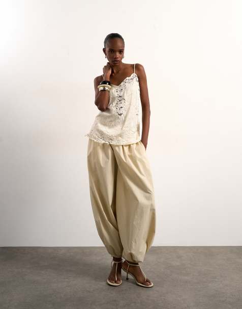 Topshop crinkle satin top with lace inserts in ivory - view 1