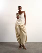 Topshop crinkle satin top with lace inserts in ivory