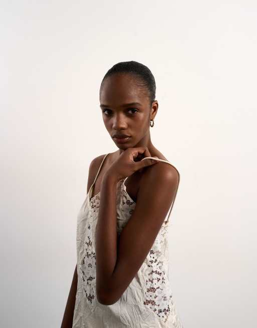 Topshop crinkle satin top with lace inserts in ivory, 2 of 4